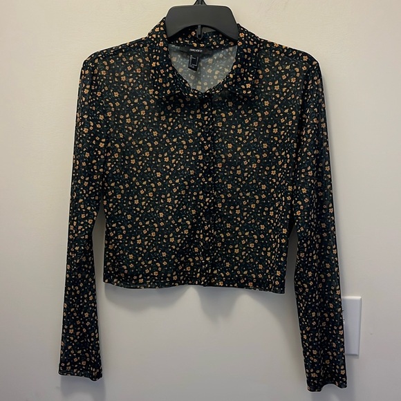 Forever 21 flowered long sleeve collared crop top size Large - Picture 1 of 6